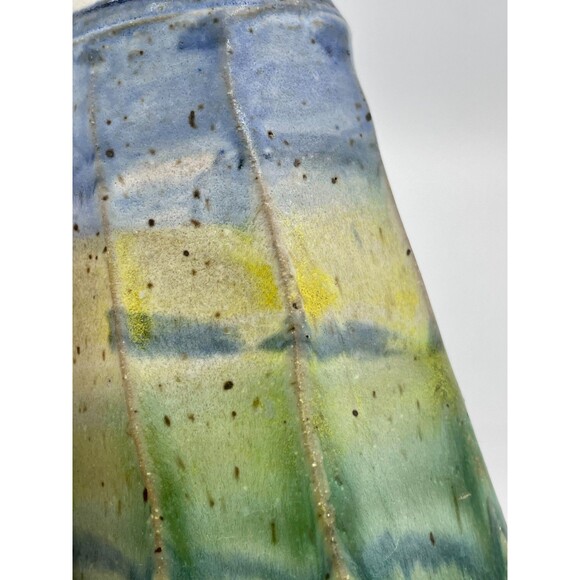 Handmade Studio Art Pottery Vase Signed MEG Sunset Glaze in Green, Yellow & Blue - Picture 5 of 10